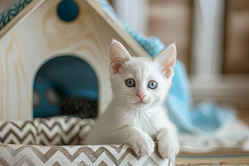 a white kitten with blue eyes sitting in a cat house
