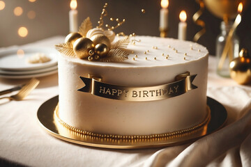 Luxurious White and Gold Birthday Cake with Elegant Toppings