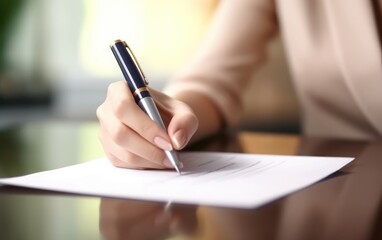 A well-dressed person's hand is captured while writing with a fancy pen on a white paper, implying a formal or business correspondence