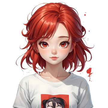 3d vector of beautiful red haired girl wearing a white t-shirt on transparent background