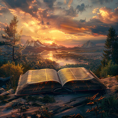 Open scriptures under the ethereal glow of sunset a tranquil scene of spirituality and divine presence - obrazy, fototapety, plakaty