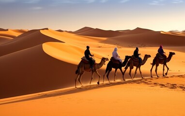Three silhouetted individuals ride camels across the desert with sun setting behind dunes, emphasizing a journey in a remote location