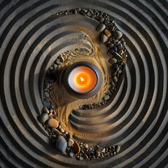 Circular sand patterns around a central candle in twilight hues