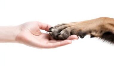 A close-up image of a human hand and a dog's paw symbolizing connection and understanding between...