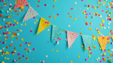 A party background with flag line and confetti