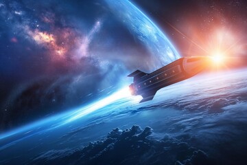 Spacecraft leaving the Earth's atmosphere. Science and technology concept. View of a sci-fi