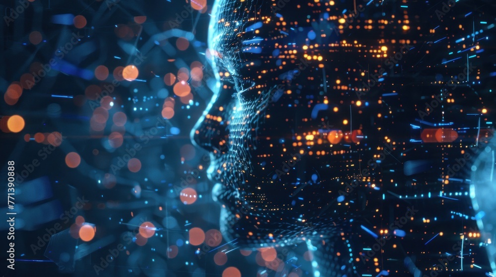 Poster futuristic representation of man with digital interface elements, depicting artificial intelligence 