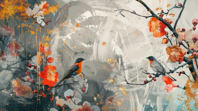 Abstract artistic background with flowers, branches, birds.