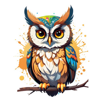 Cartoon owl in vibrant colors isolated on transparent background generative ai