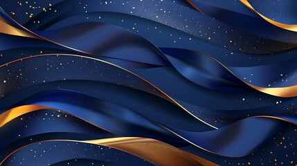 Abstract blue background with dimension layers lines and golden ribbon elements