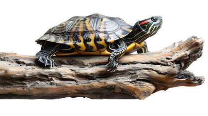 A turtle on a log isolated on a transparent background, PNG, Ai