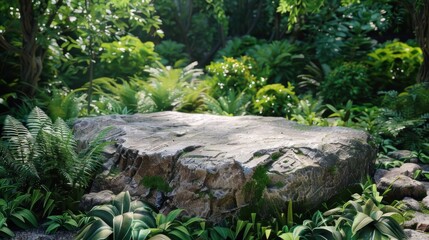 Rock podium standing in lush, green garden, displaying product.