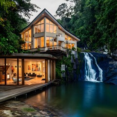 beautiful modern architect house with different floors located next to a waterfall 