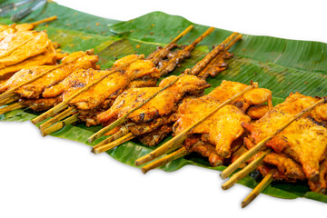 Top view of Grilled chicken on banana leaves, focus selective
