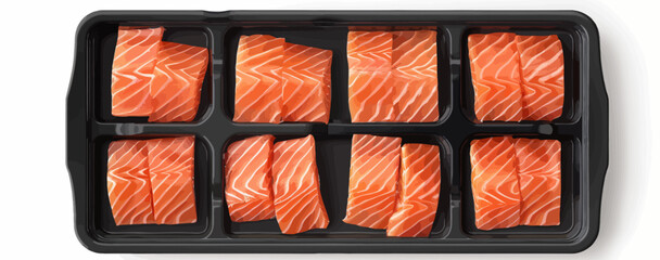 a tray filled with salmon slices on top of each other