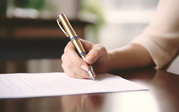 A well-dressed person's hand is captured while writing with a fancy pen on a white paper, implying a formal or business correspondence