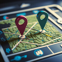 A detailed map displaying a specific location marked with two vibrant pins, symbolizing the...