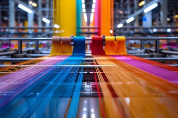Textile looms in operation, wide lens, colorful threads for a vibrant manufacturing background , 8K - obrazy, fototapety, plakaty