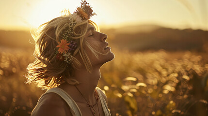 young male model with flower crown swaying to the music, his eyes closed in pure bliss