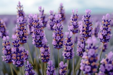 Obraz premium A breathtaking lavender field with soft shades of lilac and pastel pinks and blues. The blooming flowers sway in the gentle breeze, creating a tranquil and serene atmosphere. A picturesque landscape