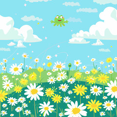 a frog flying over a field of daisies