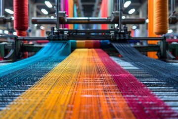 Textile looms in operation, wide lens, colorful threads for a vibrant manufacturing background , 8K