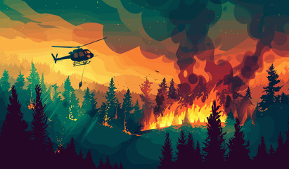 a helicopter flying over a forest filled with fire - obrazy, fototapety, plakaty