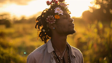 young male model with flower crown swaying to the music, his eyes closed in pure bliss