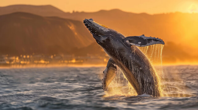 Humpback whale at sunset, tail with flowing water backlit by beautiful golden light. Majestic whale creature