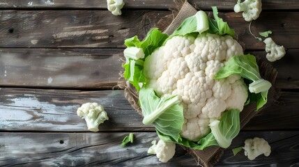 Close up of a fresh Cauliflower on a rustic wooden Table