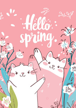 a pink hello spring card with three cats