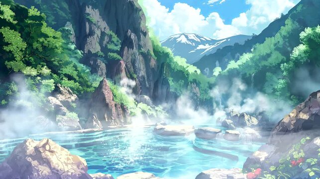 Hot springs, geysers: natural pools amidst steam. Fantasy landscape anime or cartoon style, looping 4k video animation background