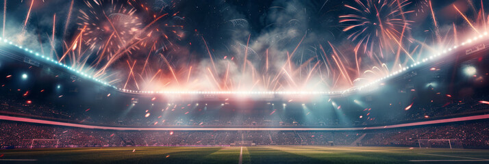 Fireworks illuminate a soccer stadium, casting light in bronze and magenta hues, embodying seapunk and cloudcore aesthetics. - obrazy, fototapety, plakaty