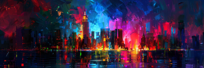 An abstract painting illuminates a city with multiple colors, using digital painting techniques in cyan and azure, creating atmospheric horizons. - obrazy, fototapety, plakaty