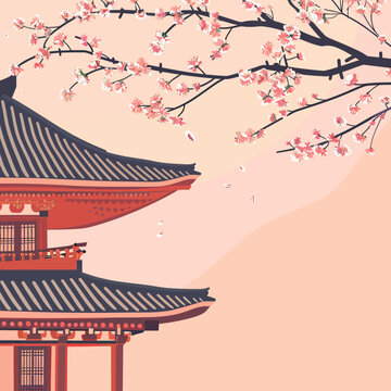 an oriental building with a cherry blossom tree in the foreground