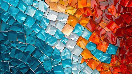 A mosaic tile pattern forms a wall background, featuring an abstract digital photo in light crimson and blue, data visualization, and light sky-blue and orange. - obrazy, fototapety, plakaty