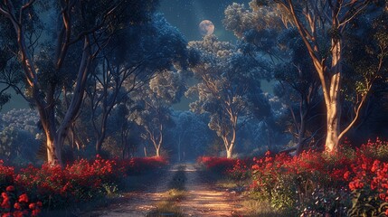 Moonlit path through a Corymbia ficifolia forest