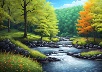 Fairytale painting drawing, river with waterfall and tree, bright colors, wide format, Generative AI