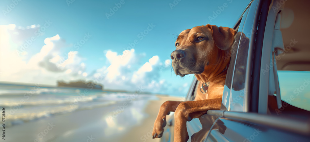 Wall mural cute brown dog travels leaning out of a car window on vacation across a beach. take your dog on vaca