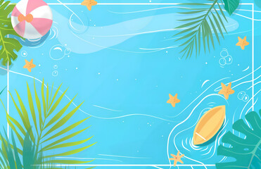 Fototapeta na wymiar Illustration with copy space for summer vacations. Seawater, ball, floats, boat and starfish with blue background. 