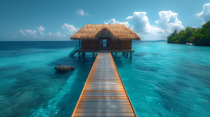 Wooden cabin on clear turquoise water on a paradisiacal island. Summertime vacation concept  - obrazy, fototapety, plakaty