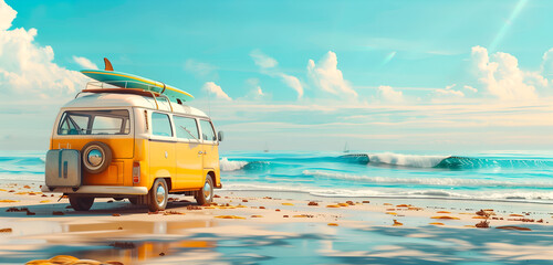Surfer van at the beach. Surf and waves 