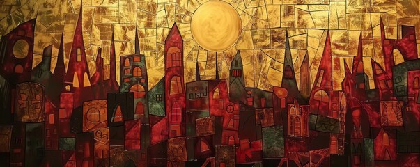 A copper and gold artwork presents cubist cityscapes with gold leaf accents and a whimsical skyline.