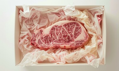 A steak inside a box, featuring light pink and red hues and cellular formations.