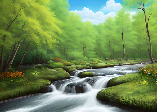 Fairytale painting drawing, river with waterfall and tree, bright colors, wide format, Generative AI