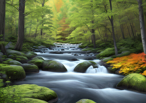 Fairytale painting drawing, river with waterfall and tree, bright colors, wide format, Generative AI