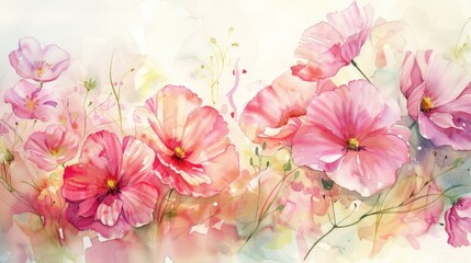 Nature Illustration. Watercolor Pink Flowers in a Garden for Summer and Spring Background