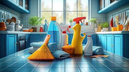 set of detergents for cleaning kitchen interior - obrazy, fototapety, plakaty