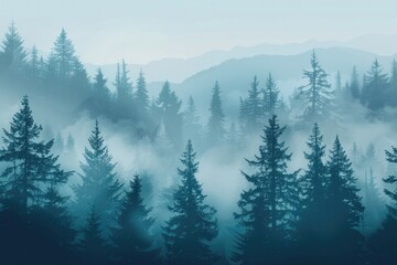 Forest Landscape. Misty Fir Forest in Retro Vintage Style with Travel Theme