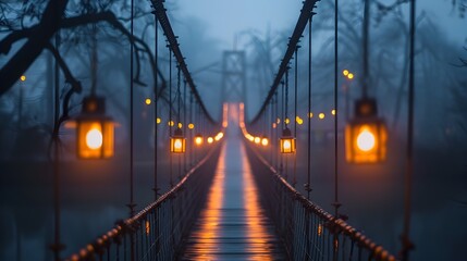 Suspended in Twilight A Luminous Bridge Guiding the Way Through a Serene and Ethereal Landscape - obrazy, fototapety, plakaty